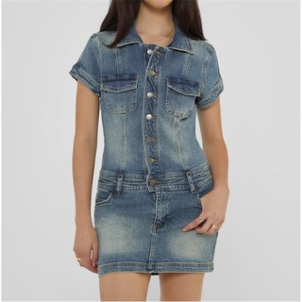 New Guess Blue Denim Belted Mini Dress SZ S